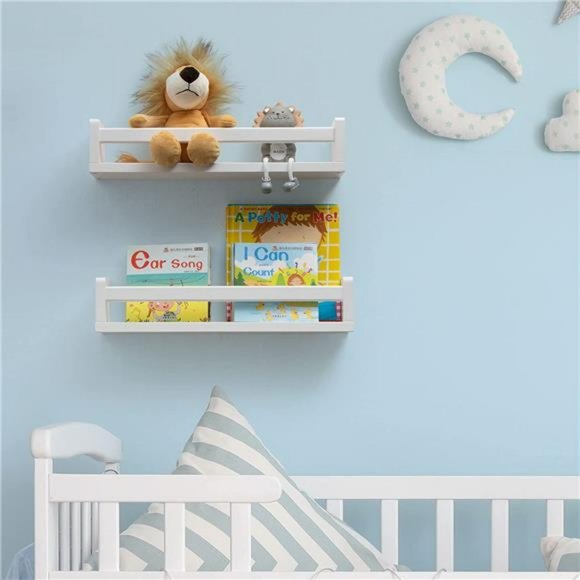 Nursery Book Shelves - Wood Floating Bookshelf for Kids -Set of 2 - White - 16" - Picture 5 of 6